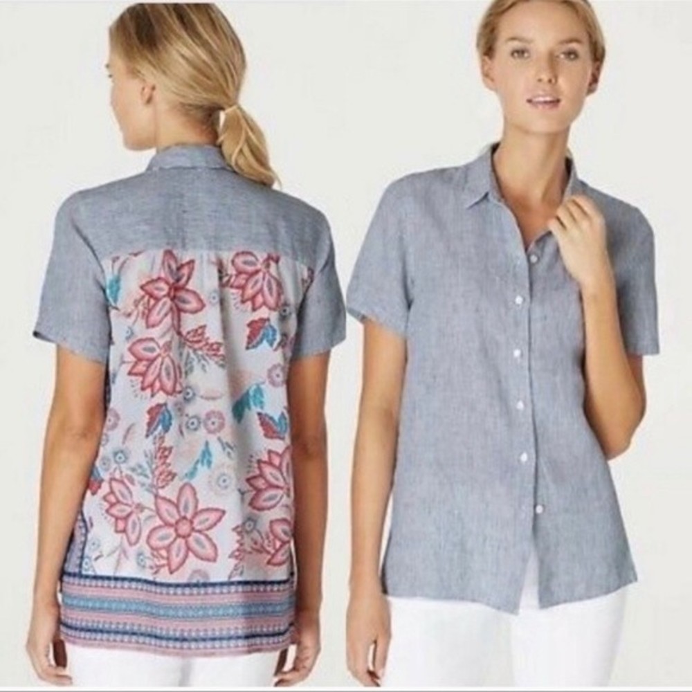 J. Jill Linen Blue Striped Floral Back Button Down Women’s Top Size M